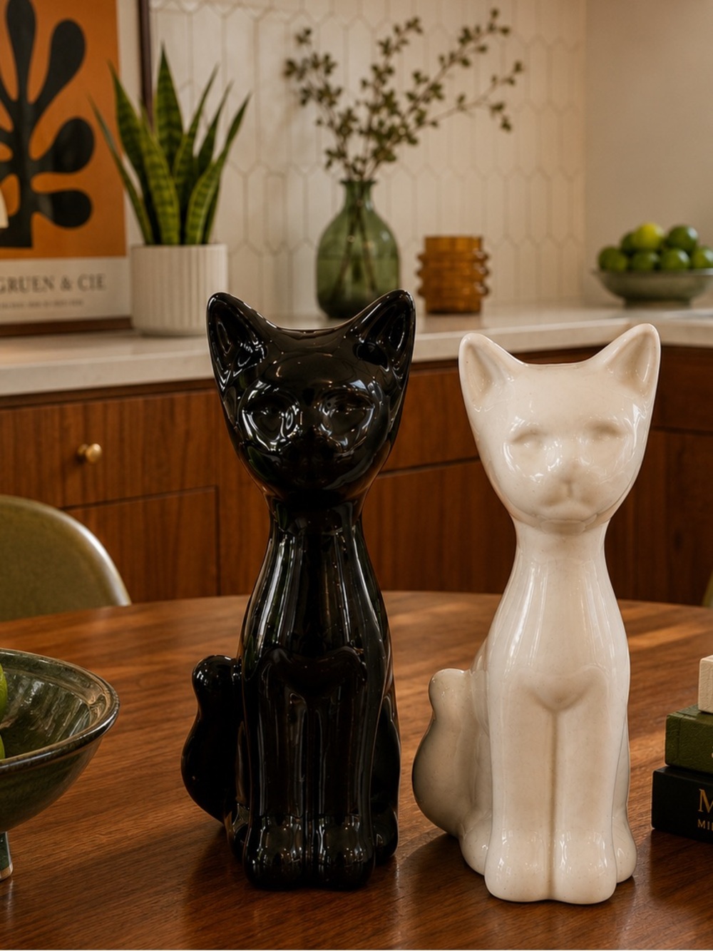 Vintage MCM Black & White Ceramic Cat Salt & Pepper Shakers Set